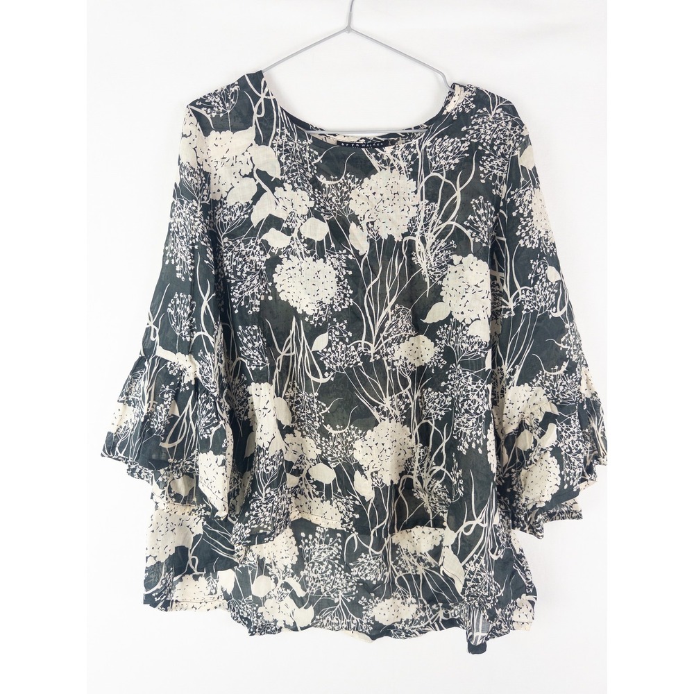 Bryn Walker Floral Ruffle Bell Sleeve Top Womens M Black Ivory Ramie Boho Artsy
